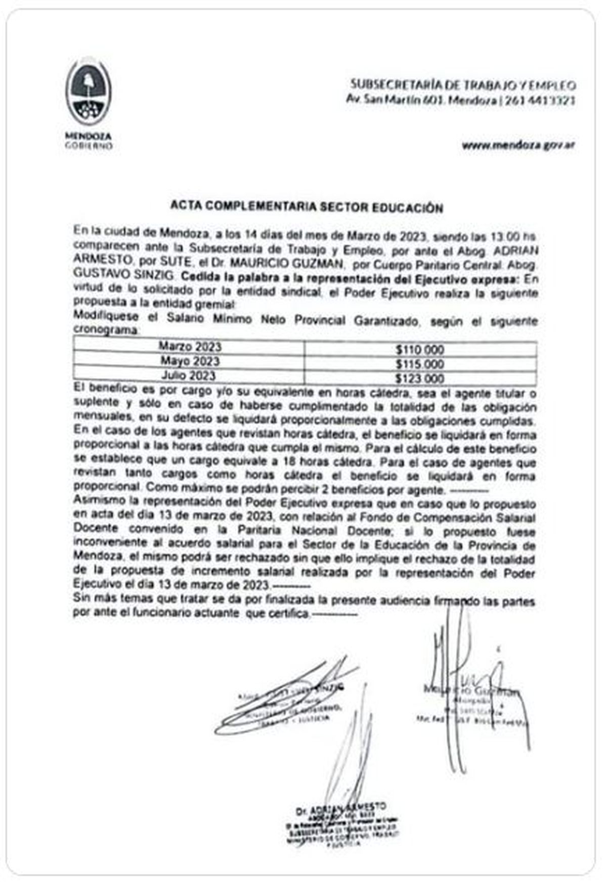 El acta complementaria que el SUTE firm&oacute; el 14 de marzo en las negociaciones paritarias.
