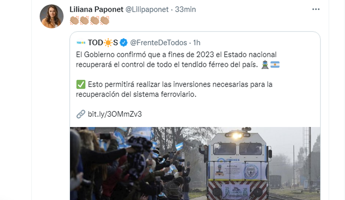 Tuit de la diputada del Frente de Todos, Liliana Paponet, mencionando el plan del Gobierno Nacional.