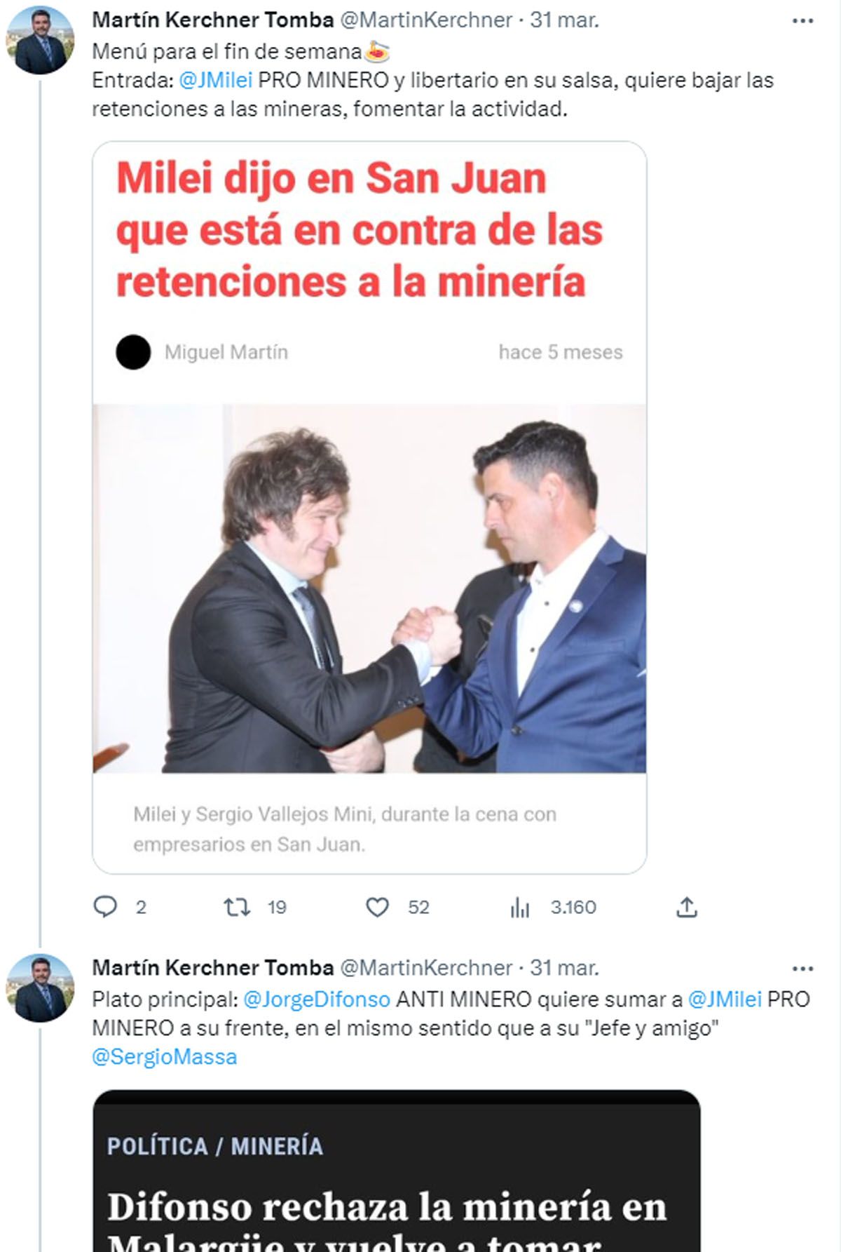 Los tuits de Martín Kerchner, con los que tildó de incoherente a Jorge Difonso.