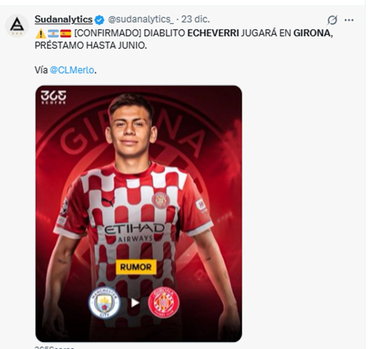 Echeverri jugará en el Girona. Echeverri jugará en el Girona.