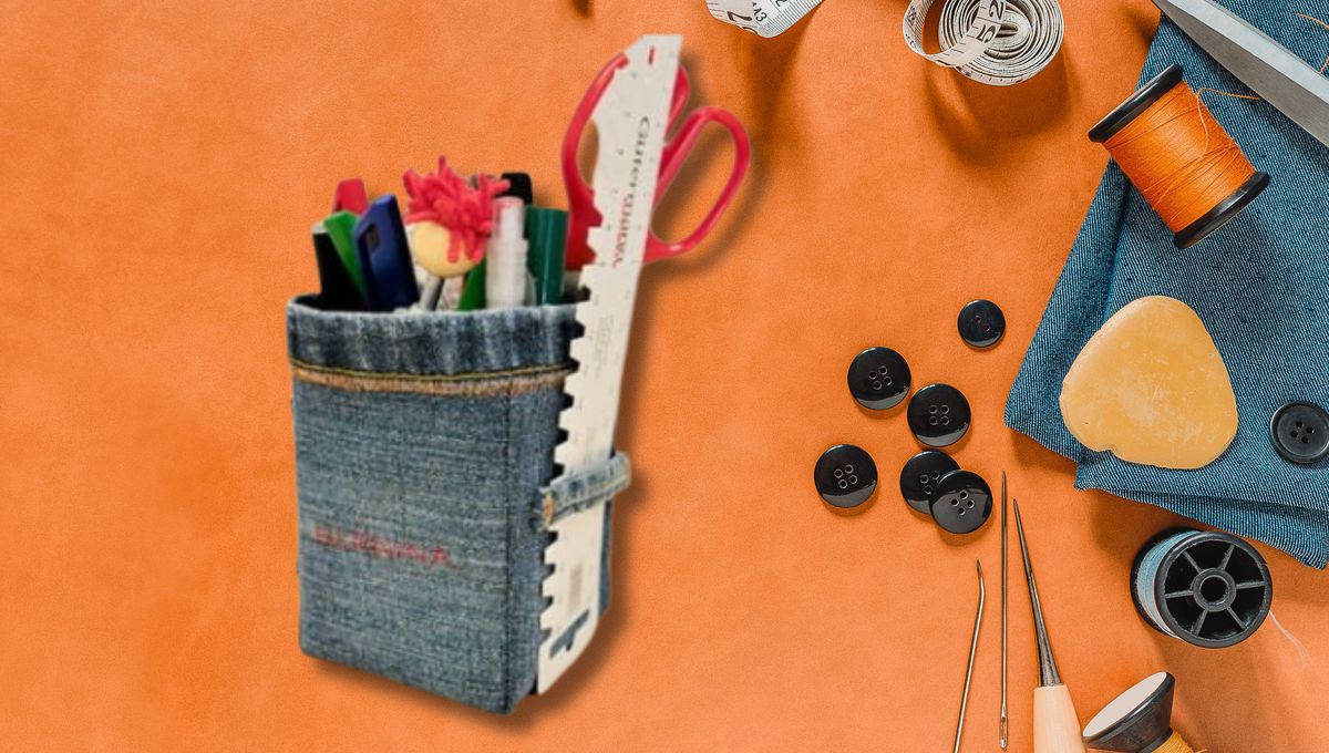 Cose un hermoso portalápices con unos jeans y un truco de costura en casa