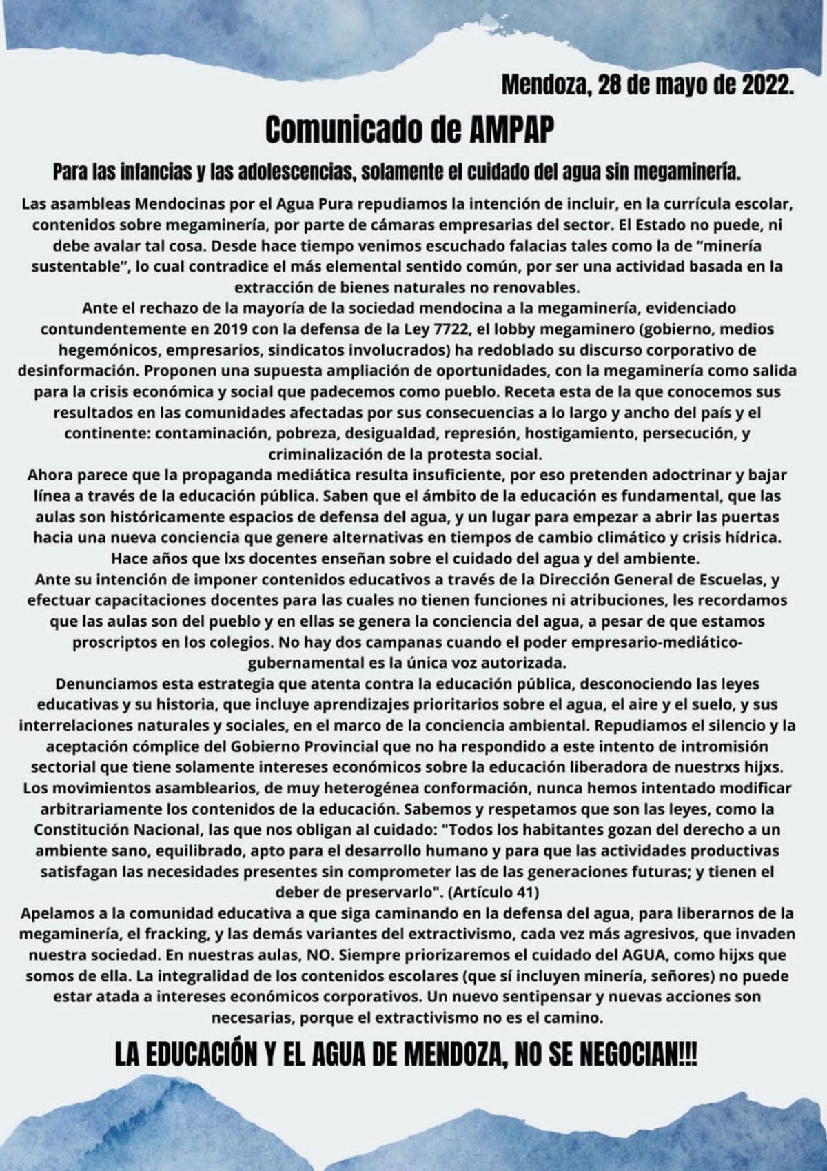 El comunicado de AMPAP en contra de la intención de brindar contenidos mineros en las escuelas de Mendoza.