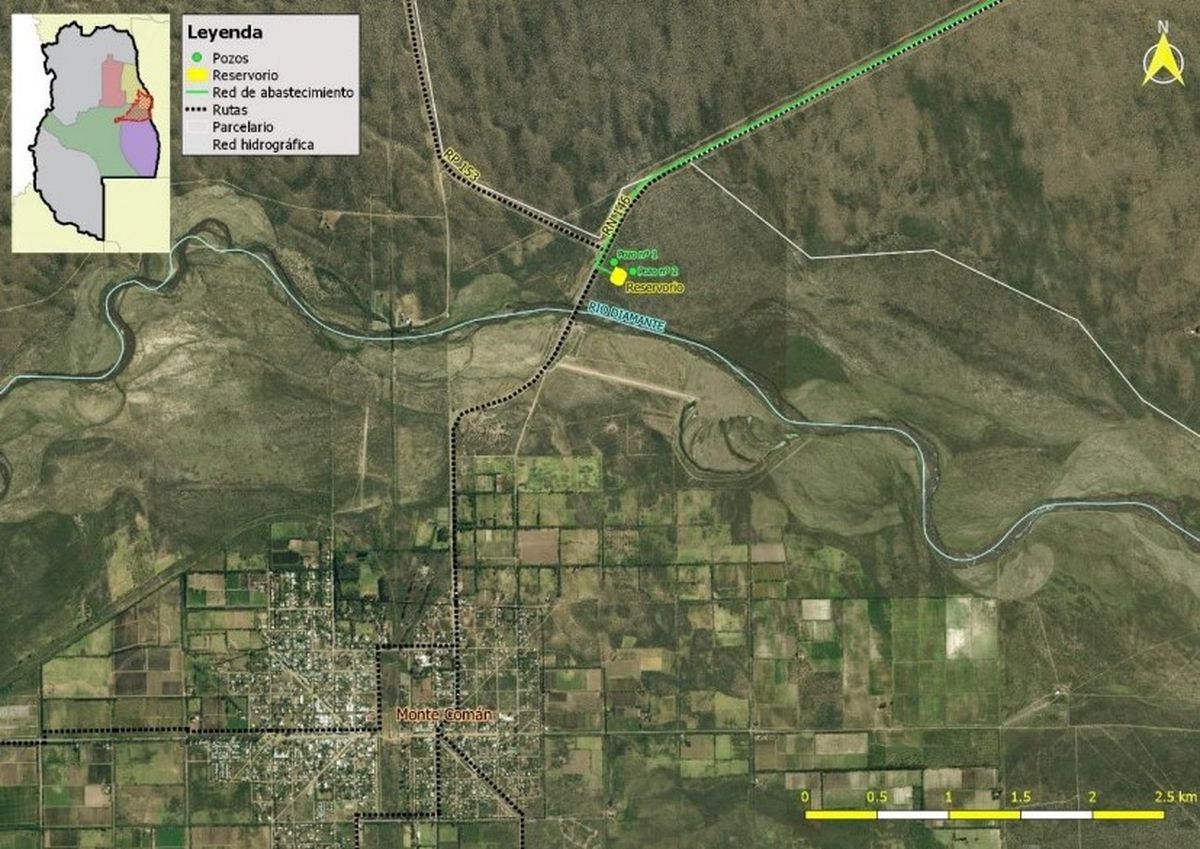 La zona donde se iniciarán las obras del acueducto Monte Comán-La Horqueta, según los documentos que se presentaron en la audiencia pública.