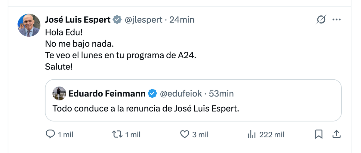 El tuit que publicó José Luis Espert pasadas las 22. El tuit que publicó José Luis Espert pasadas las 22.
