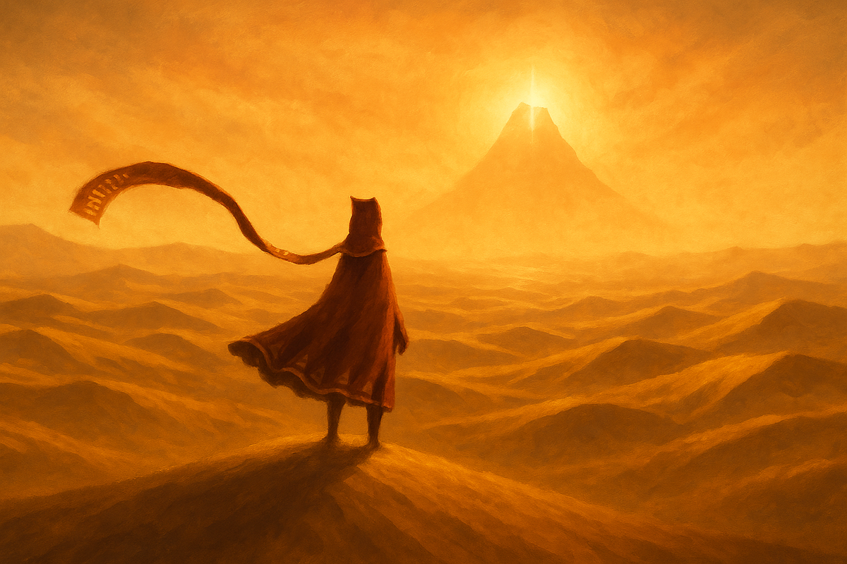 Un viajero solitario despierta en medio de un desierto sin recuerdos pero con una visión clara: alcanzar una montaña luminosa en el horizonte. Un viajero solitario despierta en medio de un desierto sin recuerdos pero con una visión clara: alcanzar una montaña luminosa en el horizonte.