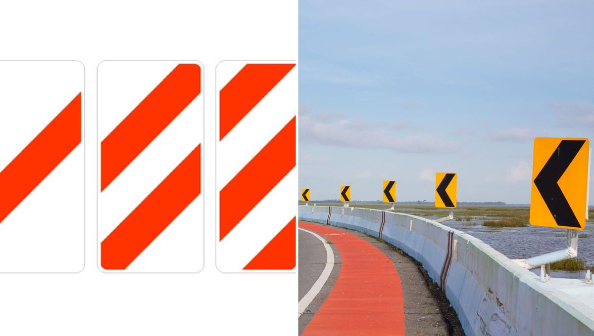 Señal de tránsito preventiva por obstáculo rígido y por curva. Señal de tránsito preventiva por obstáculo rígido y por curva.