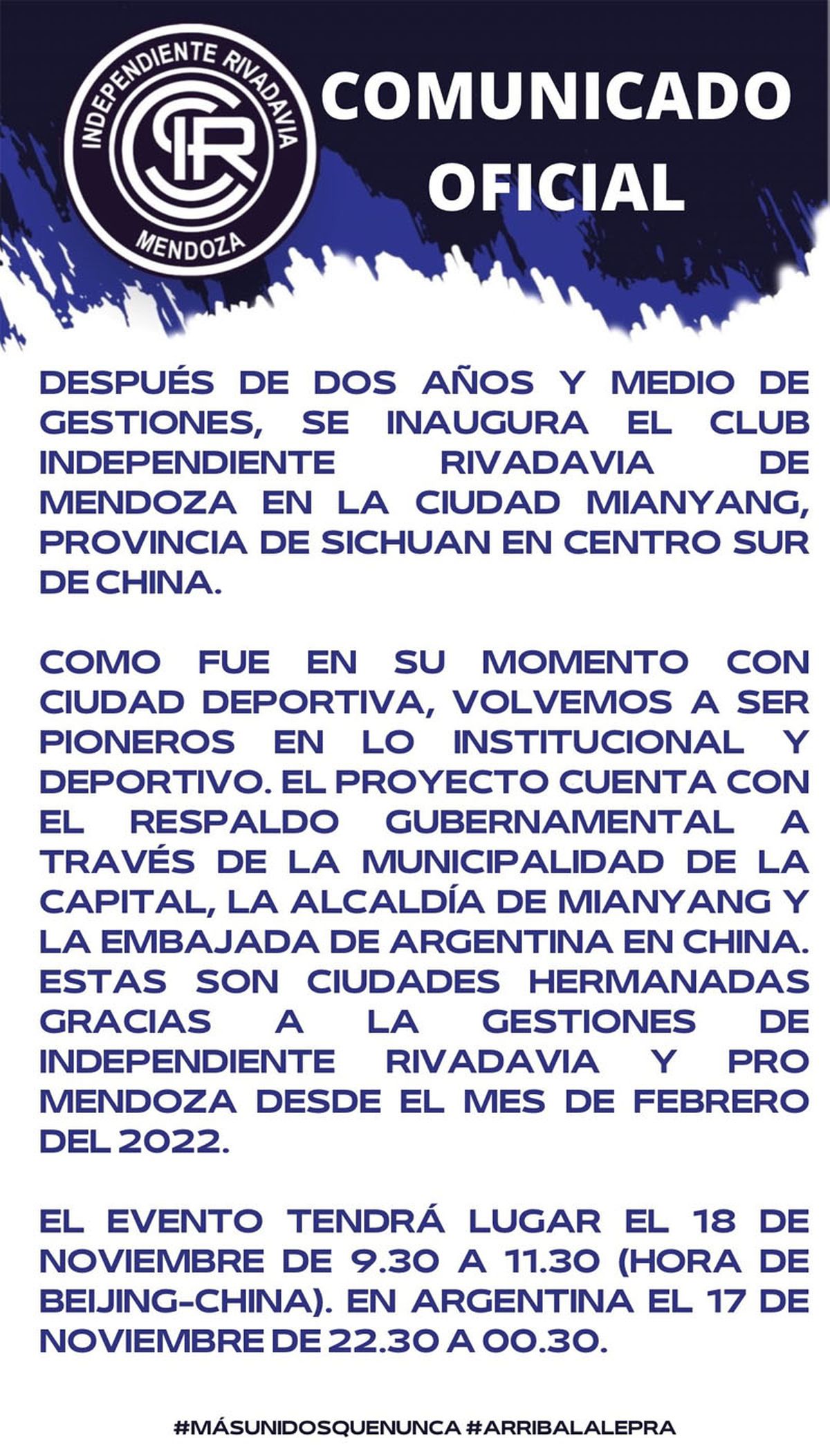 Independiente Rivadavia tendrá una sede en China, tras más de dos años de  gestiones