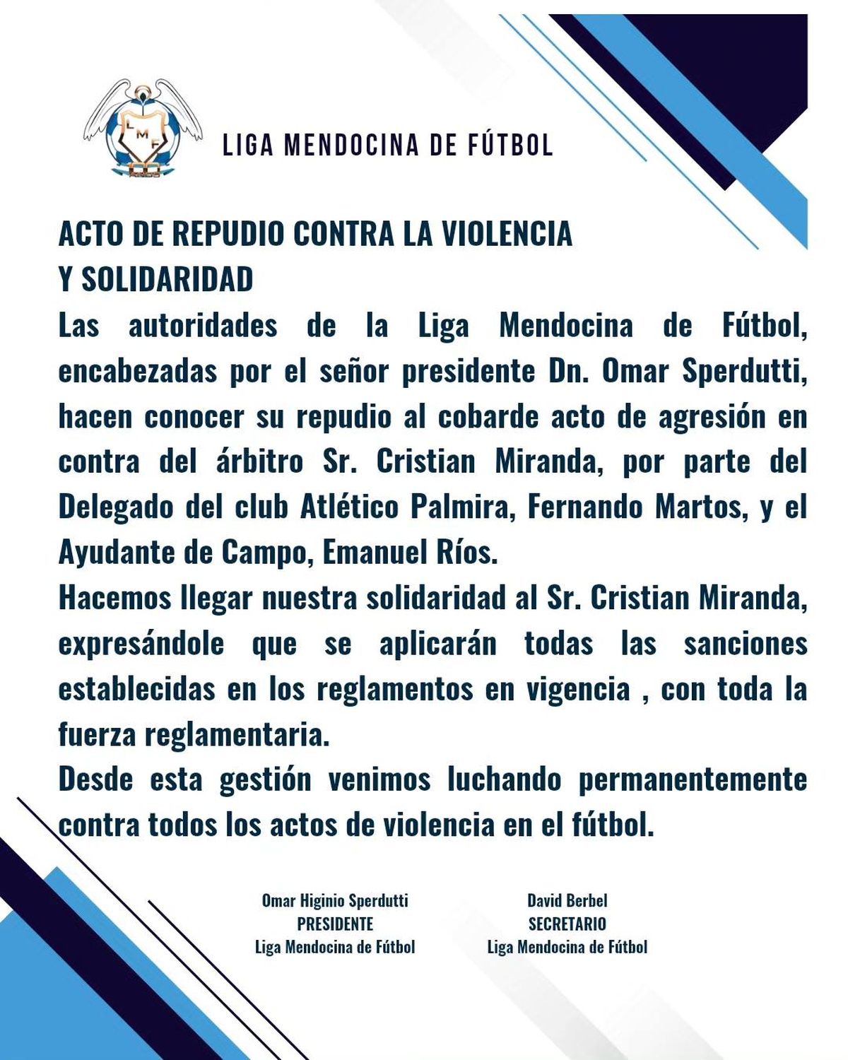 El comunicado de la Liga Mendocina de Fútbol en repudio a la violencia en la cancha de Fray Luis Beltrán. Anticipan sanciones El comunicado de la Liga Mendocina de Fútbol en repudio a la violencia en la cancha de Fray Luis Beltrán. Anticipan sanciones