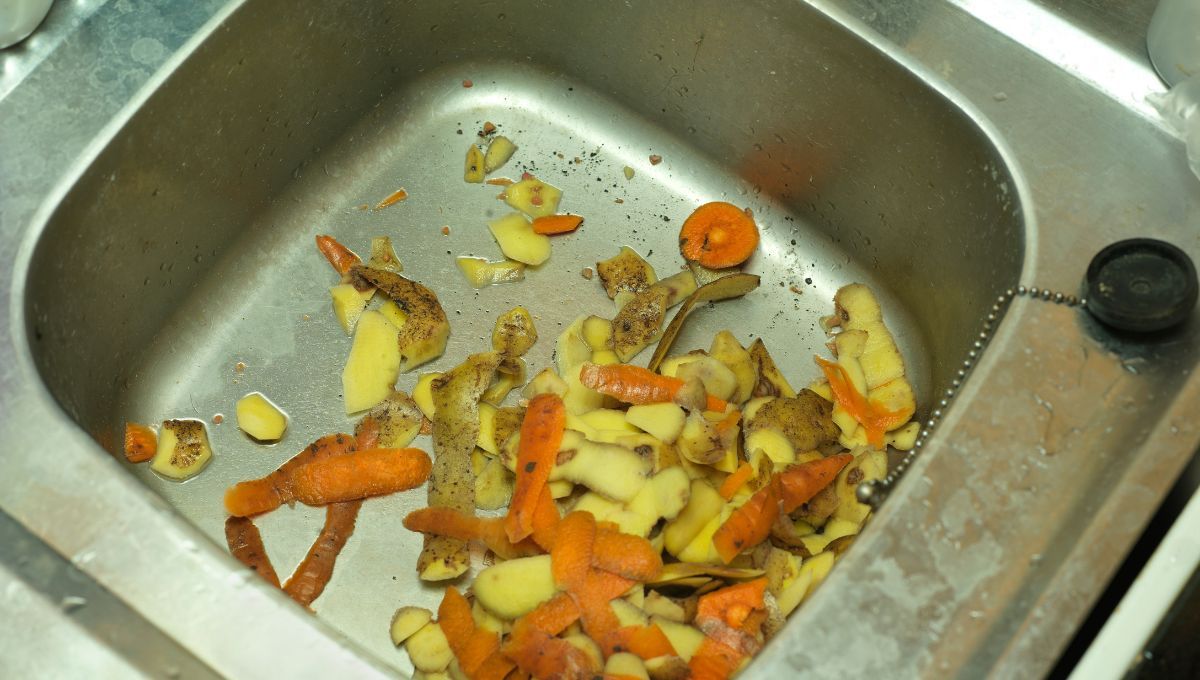 Bacha de la cocina sucia y con restos de cocina. 