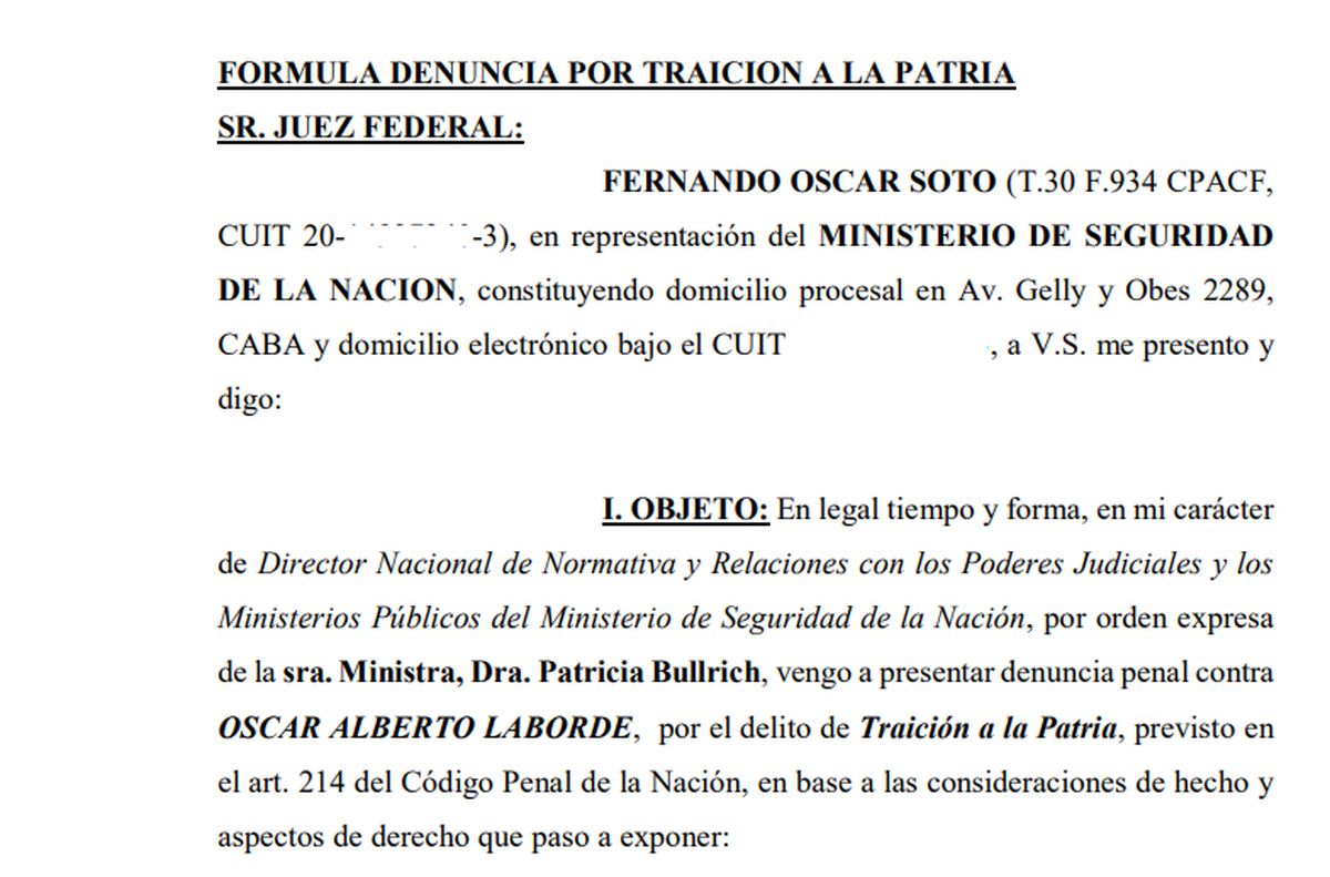 Así comienza la denuncia que Patricia Bullrich presentó contra el exembajador Oscar Laborde por el caso del gendarme detenido en Venezuela. Así comienza la denuncia que Patricia Bullrich presentó contra el exembajador Oscar Laborde por el caso del gendarme detenido en Venezuela.