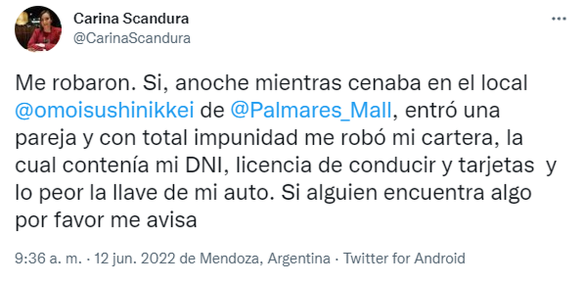 La periodista Carina Scandura contó en Twitter el hecho de inseguridad que vivió en Palmares.