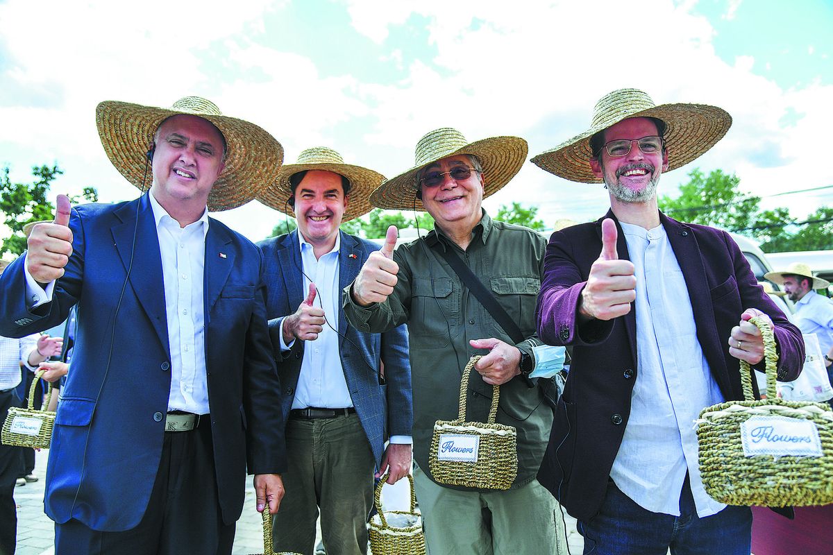 El exembajador argentino en China, Sabino Vaca Narvaja (derecha), y otros diplomáticos de países latinoamericanos se preparan para recoger castañas durante un recorrido rural en Beijing. PARA USO DE CHINA DAILY