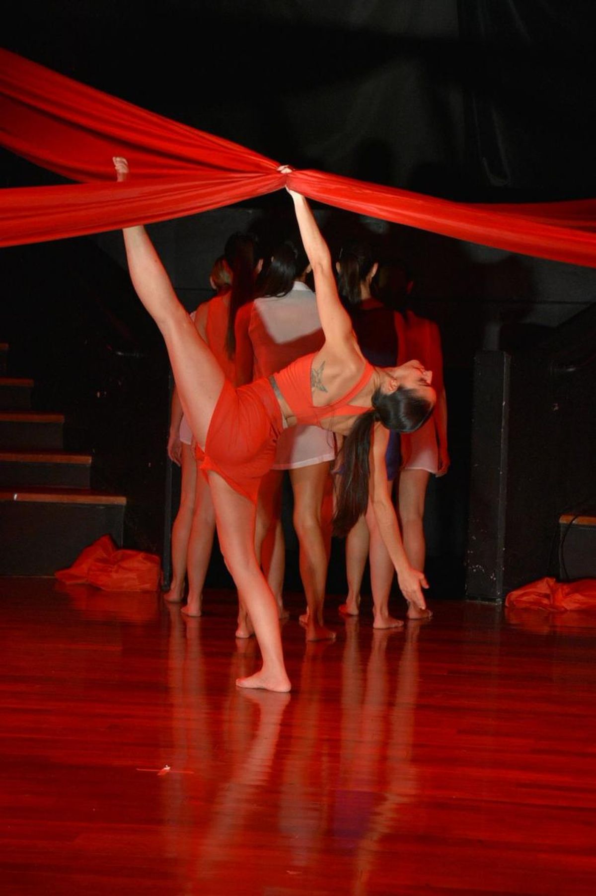 Las telas son elementos fundamentales en el despliegue coreográfico de los bailarines de la compañía El Estudio Danza. Las telas son elementos fundamentales en el despliegue coreográfico de los bailarines de la compañía El Estudio Danza.