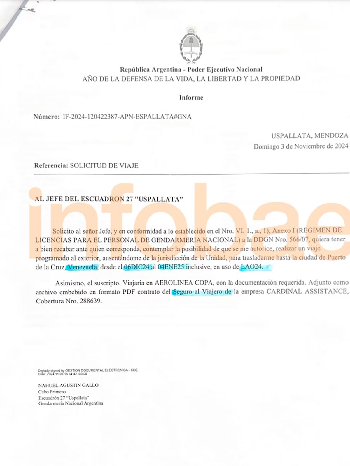El pedido emitido por Nahuel Gallo, el gendarme detenido en Venezuela, para ausentarse hasta el 3 de enero. El pedido emitido por Nahuel Gallo, el gendarme detenido en Venezuela, para ausentarse hasta el 3 de enero.