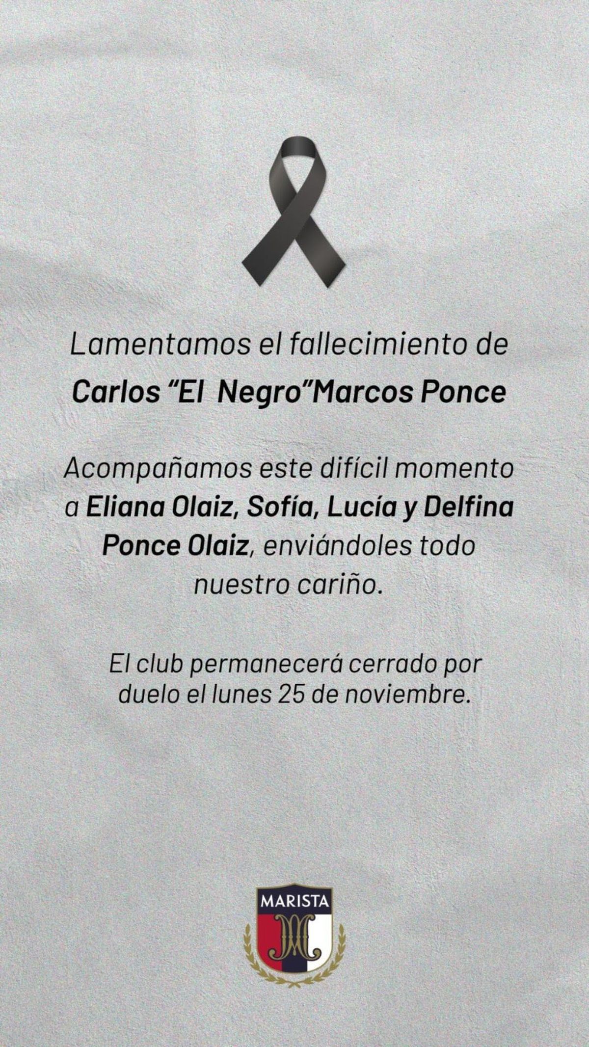 Duelo en Marista Rugby Club para este lunes por la muerte de Carlos Ponce. Duelo en Marista Rugby Club para este lunes por la muerte de Carlos Ponce.