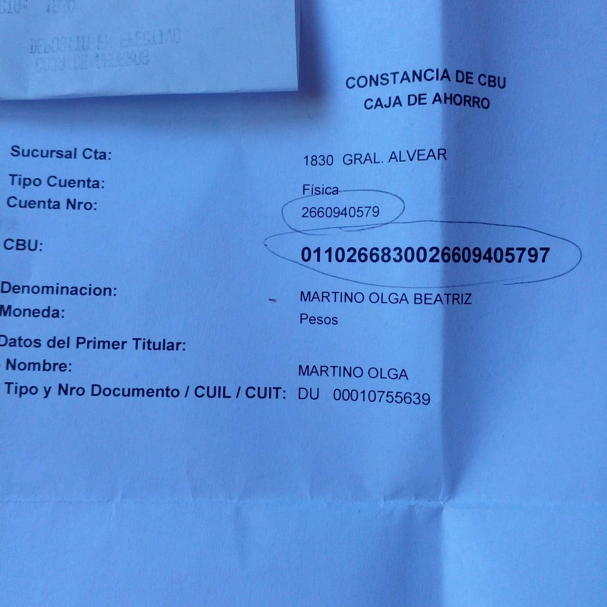 El CBU de Olga. El CBU de Olga. 