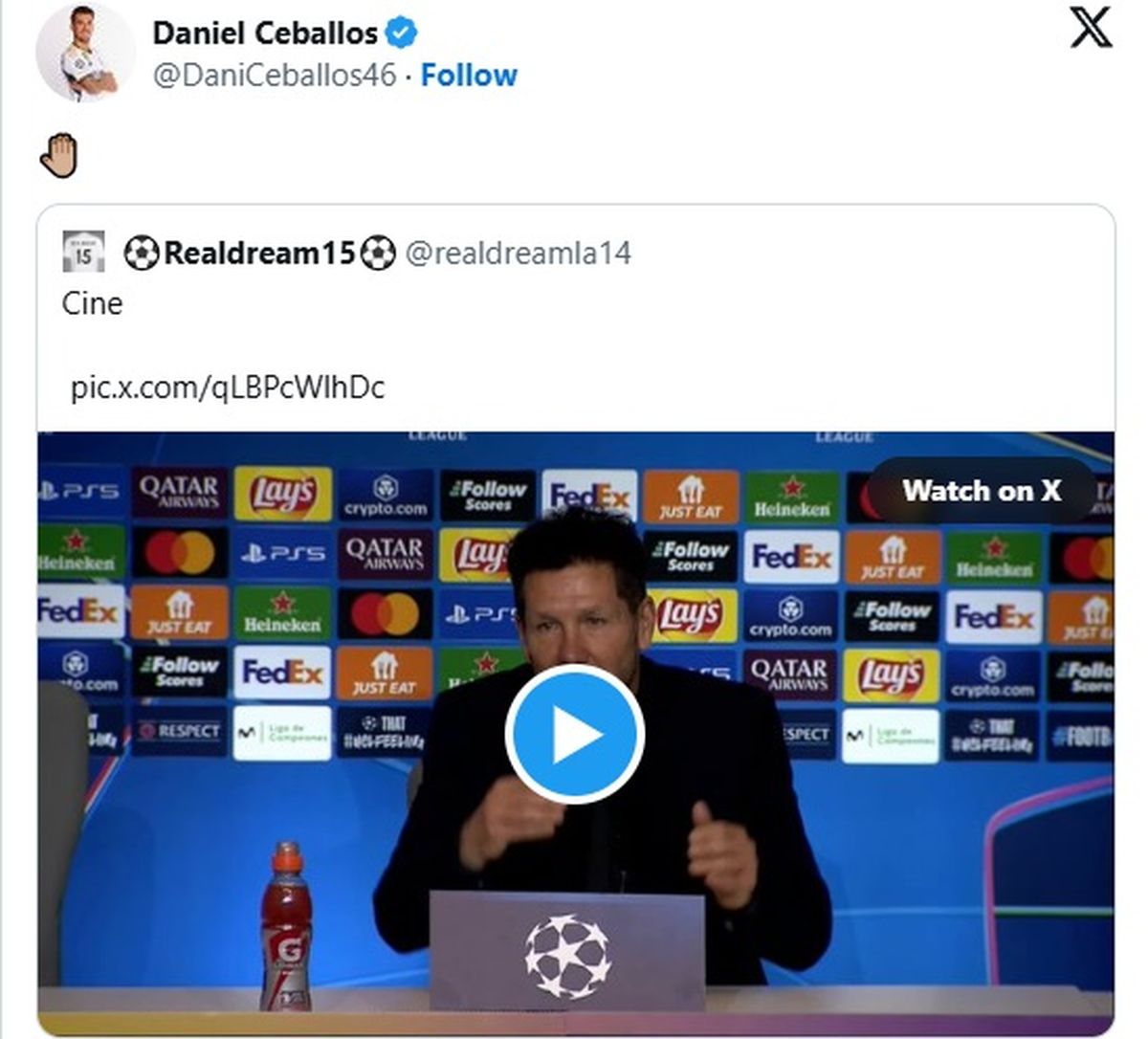 Dani Ceballos le respondió a Diego Simeone en X. Dani Ceballos le respondió a Diego Simeone en X.