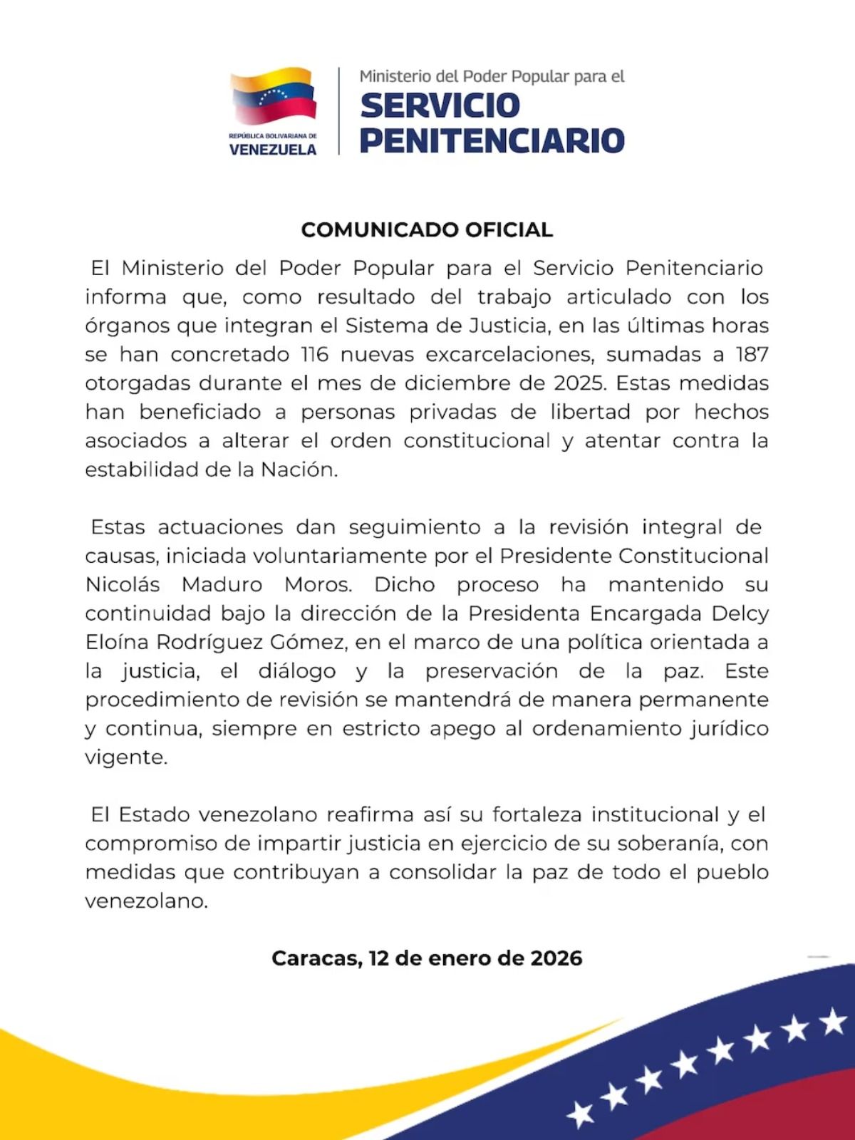 El comunicado oficial del gobierno venezolano sobre la liberaci&oacute;n de presos pol&iacute;ticos.