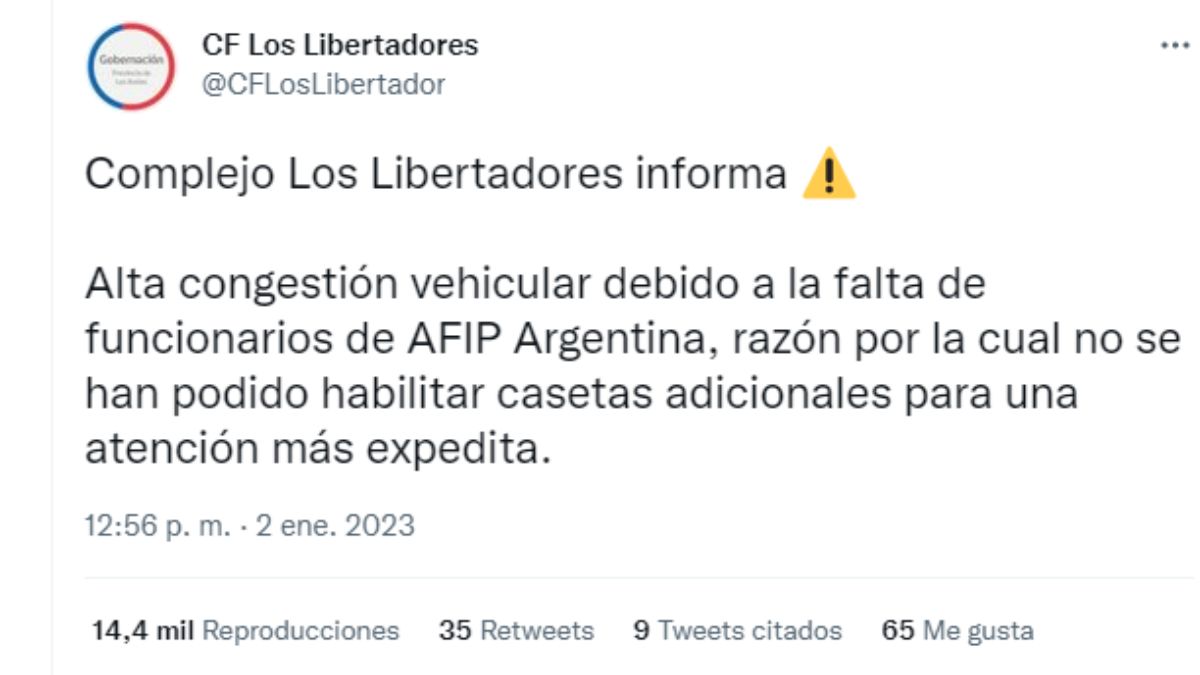 Las autoridades de Chile señalaron vía Twitter que la demora en la aduana del complejo Los Libertadores se debe a la falta de funcionarios argentinos de la AFIP.