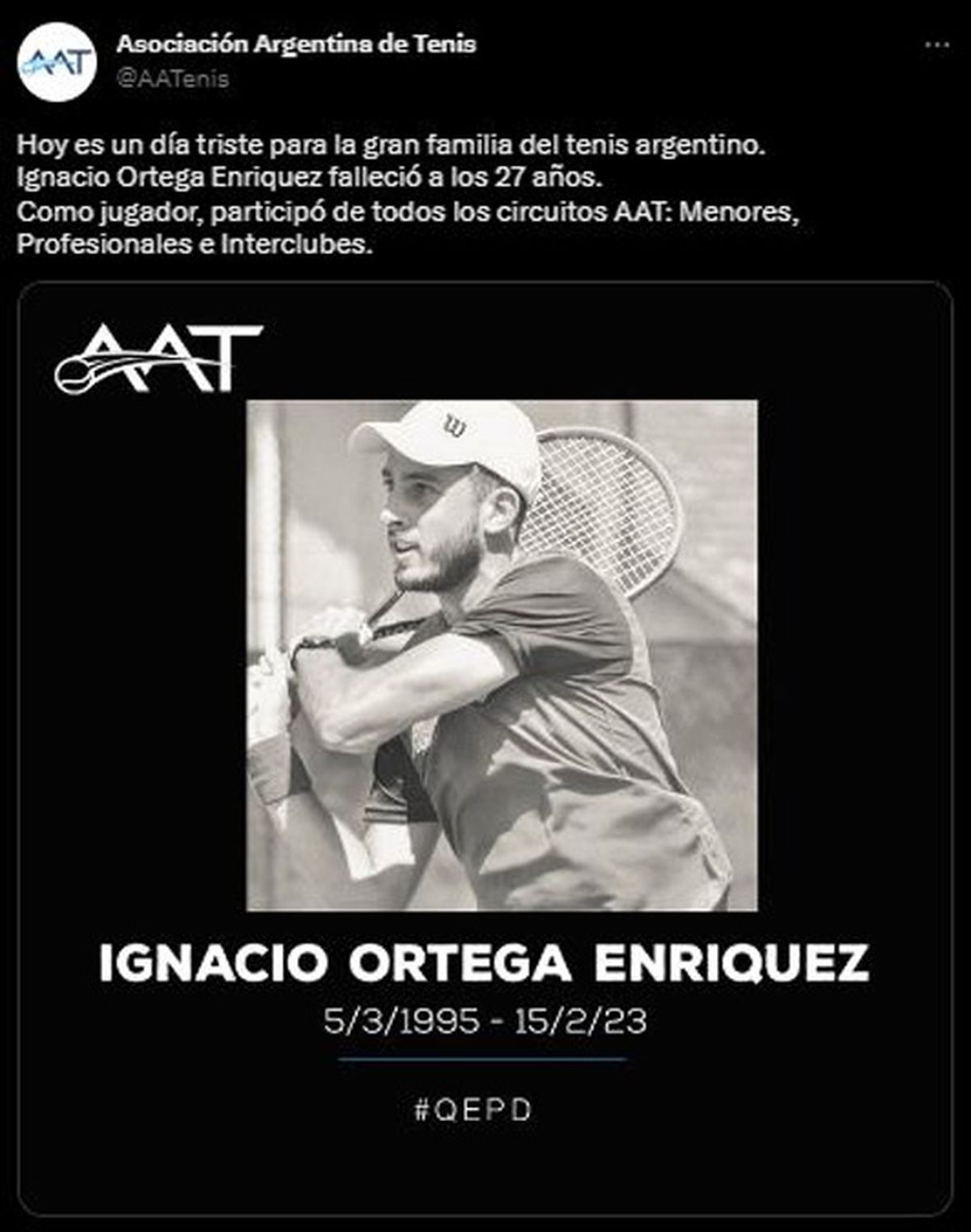 Profundo dolor en el tenis argentino murió Ignacio Ortega Enríquez, a los 27 años