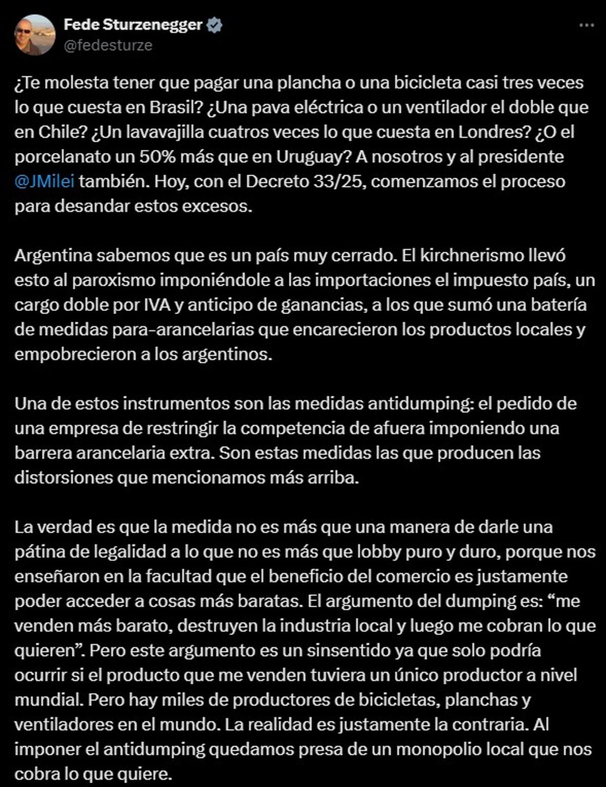 Parte de la publicación de Federico Sturzenegger en redes sociales sobre cambios en importaciones. Parte de la publicación de Federico Sturzenegger en redes sociales sobre cambios en importaciones.