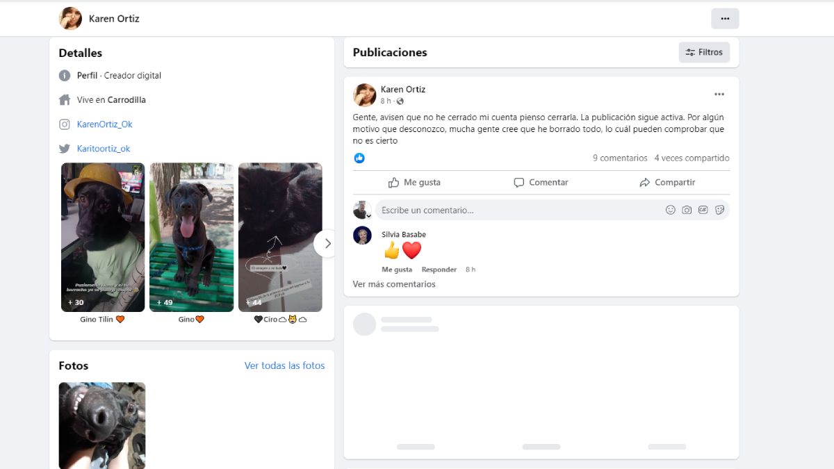 Captura de pantalla de la cuenta de Facebook de Karen, donde está en blanco la publicación donde hizo la denuncia.