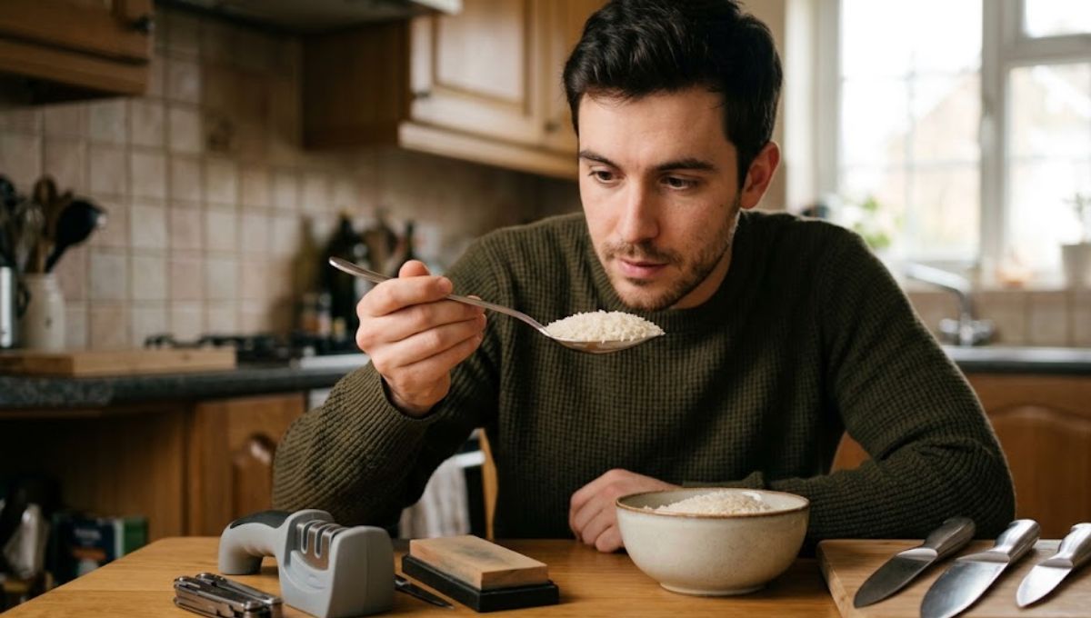 El arroz actúa como un abrasivo para devolverle el filo a las cuchillas.&nbsp;