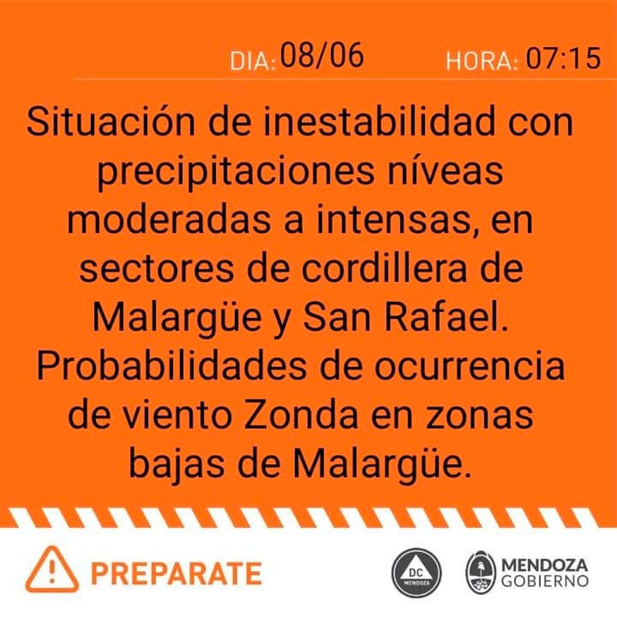 Defensa Civil emitió este jueves una alerta naranja para algunas zonas de Mendoza.