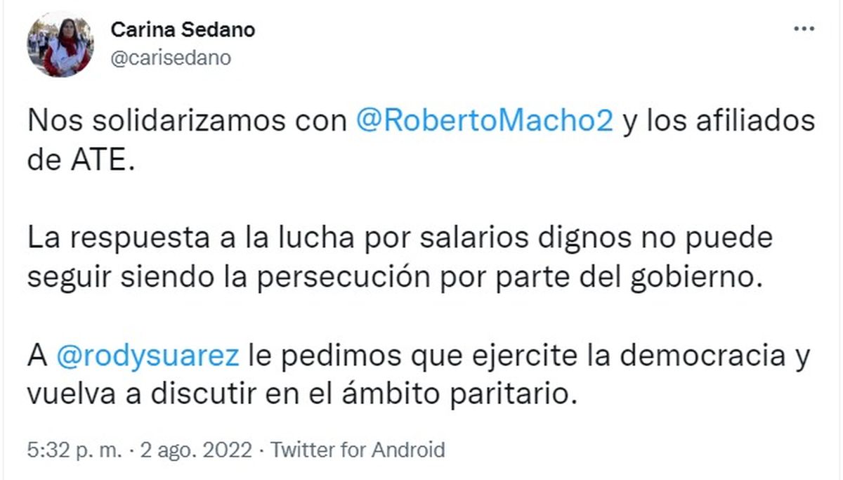 El tuit de Carina Sedano (SUTE) sobre la detención del gremialista Roberto Macho (ATE).