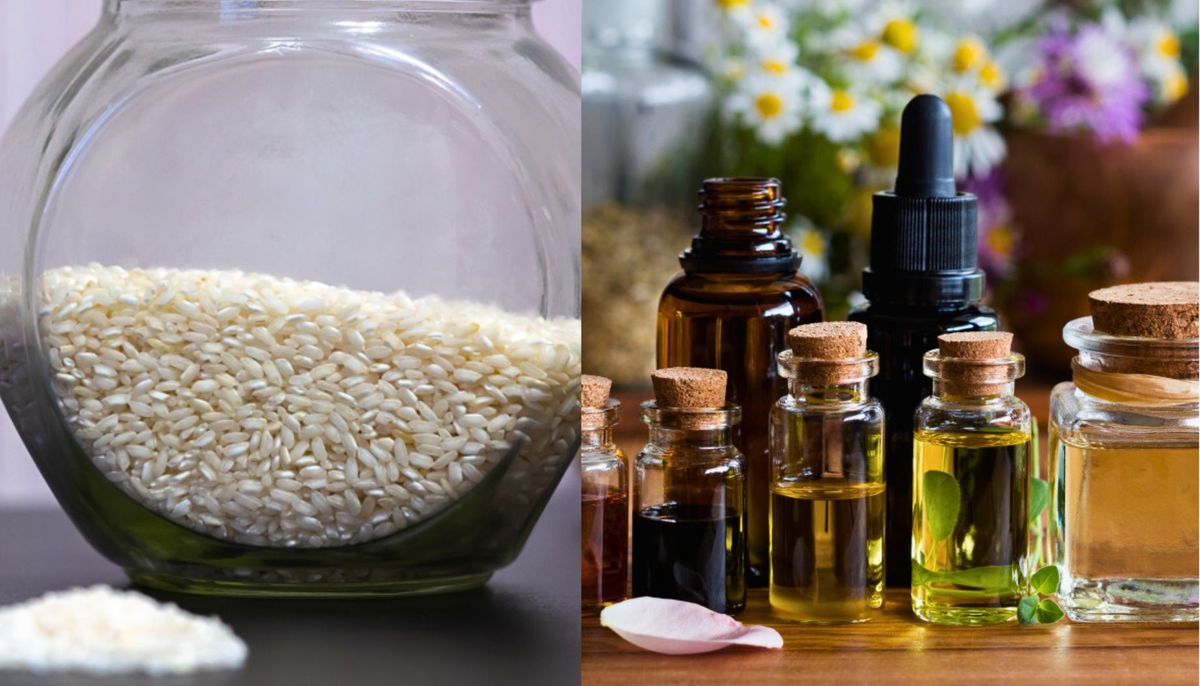 Para preparar este perfume casero necesitas arroz, aceite esencial y un frasco. Imagen: composición Diario Uno.
