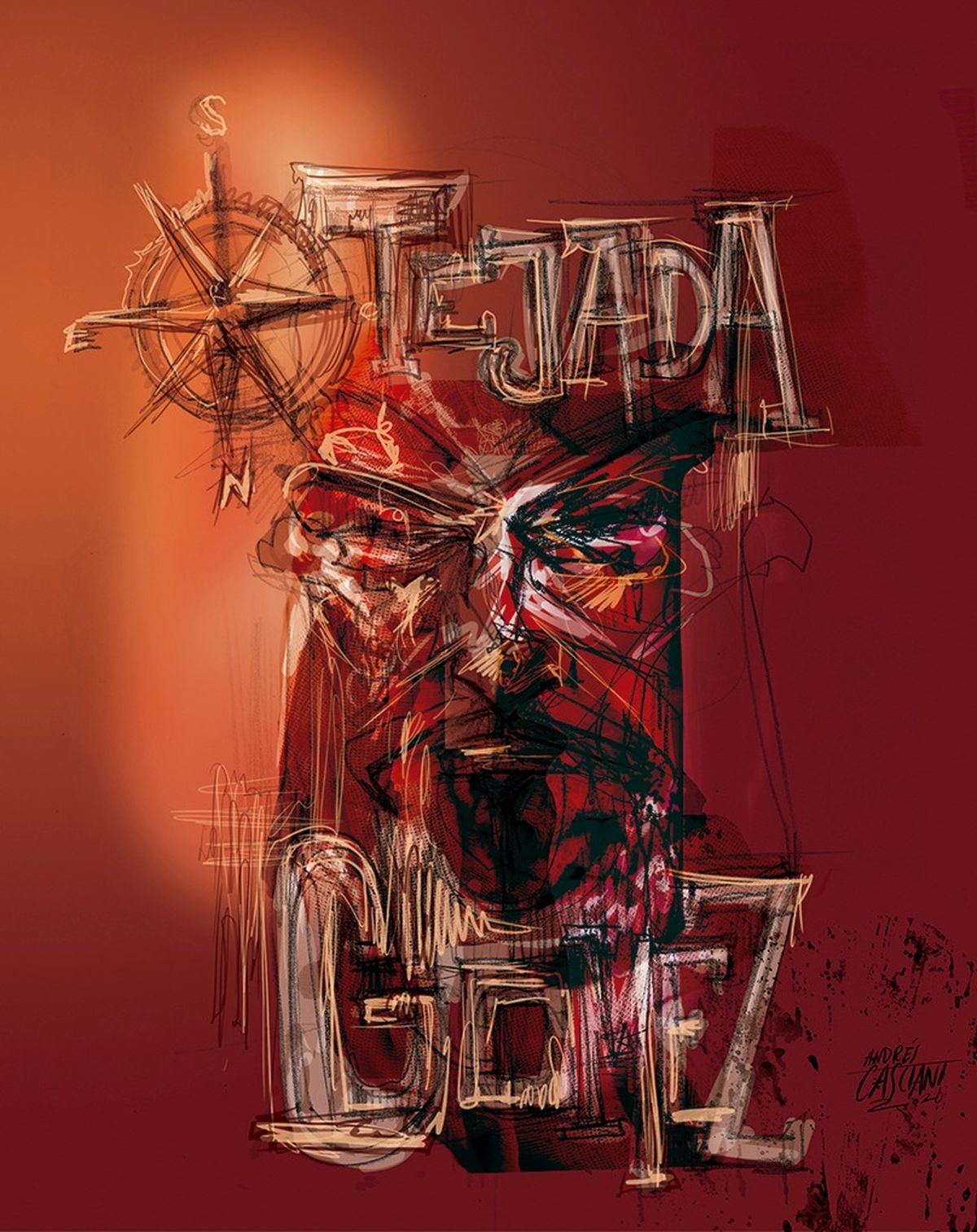 Uno de los cuadros del artista visual y dibujante mendocino Andrés Casciani sobre la figura de Armando Tejada Gómez. Uno de los cuadros del artista visual y dibujante mendocino Andrés Casciani sobre la figura de Armando Tejada Gómez.