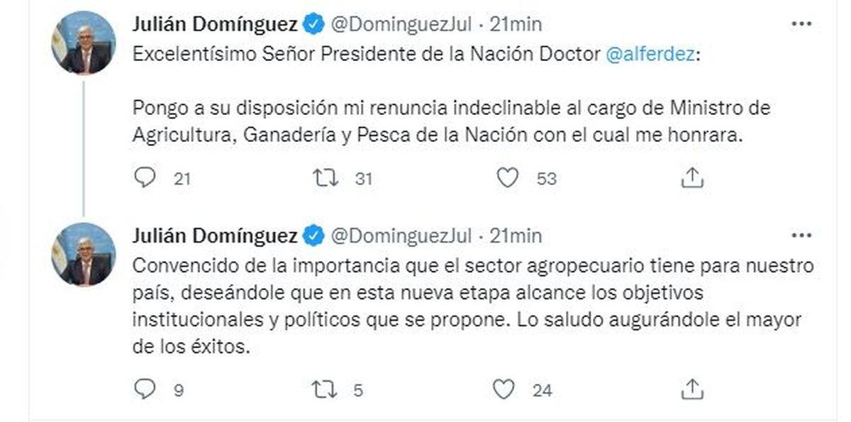 El tuit de Julián Domínguez comunicando su renuncia a Alberto Fernández.