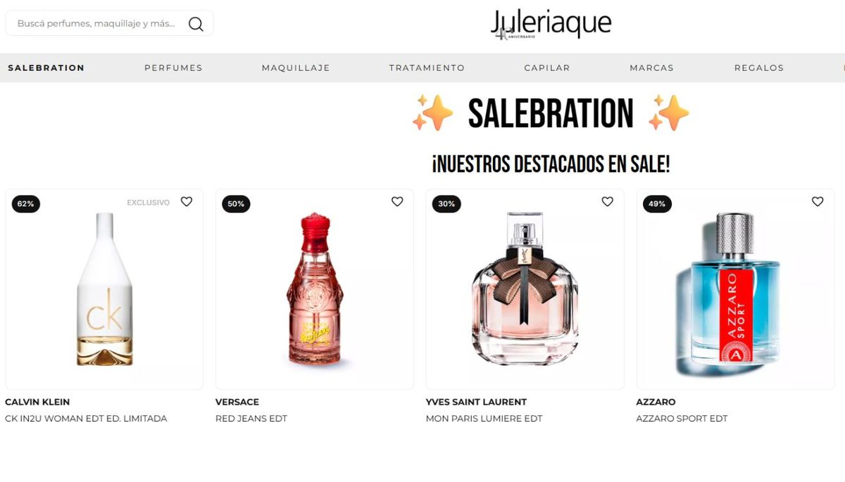 Descuentos imperdibles en perfumes. Imagen: captura de pantalla de la tienda online Juleriaque. Descuentos imperdibles en perfumes. Imagen: captura de pantalla de la tienda online Juleriaque.