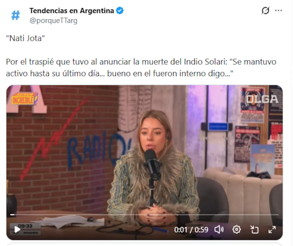 Polémica por el comentario de Nati Jota sobre el Indio Solari. Polémica por el comentario de Nati Jota sobre el Indio Solari.