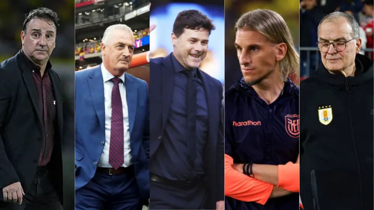 Quintina de entrenadores argentinos en otros seleccionados que jugarán el Mundial 2026. Néstor Lorenzo (Colombia), Gustavo Alfaro (Paraguay), Mauricio Pochettino (Estados Unidos), Sebastián Beccacece (Ecuador), y Marcelo Bielsa (Uruguay). Quintina de entrenadores argentinos en otros seleccionados que jugarán el Mundial 2026. Néstor Lorenzo (Colombia), Gustavo Alfaro (Paraguay), Mauricio Pochettino (Estados Unidos), Sebastián Beccacece (Ecuador), y Marcelo Bielsa (Uruguay).