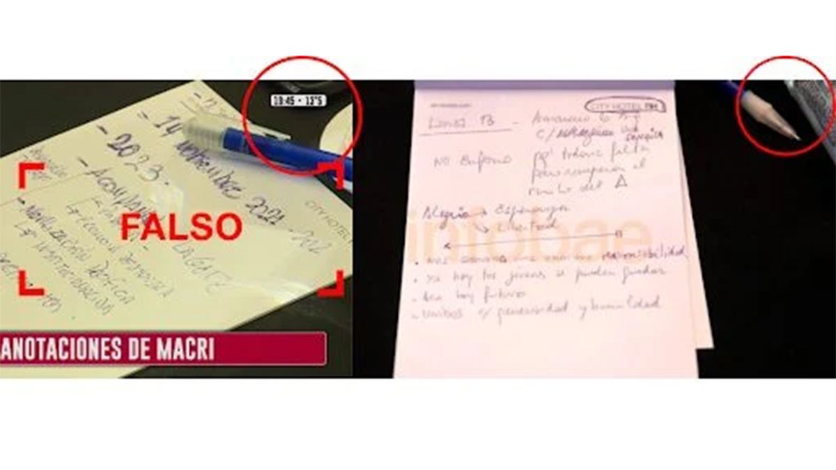 A la izquierda, la foto falsamente atribuida a Mauricio Macri; a la derecha, las anotaciones de Macri capturadas por Maximiliano Luna (Infobae).