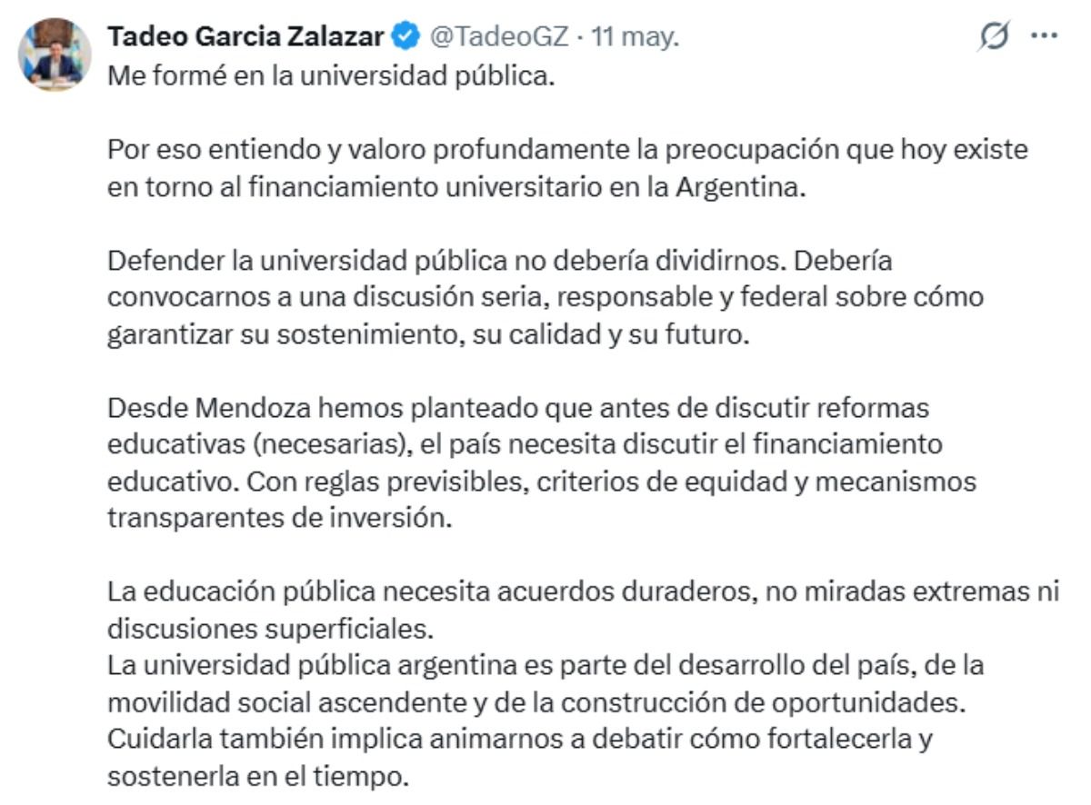 El posteo de Tadeo García Zalazar sobre el financiamiento de las universidades. El posteo de Tadeo García Zalazar sobre el financiamiento de las universidades.