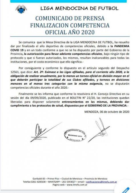 Liga Mendocina: sin competencia en el 2020