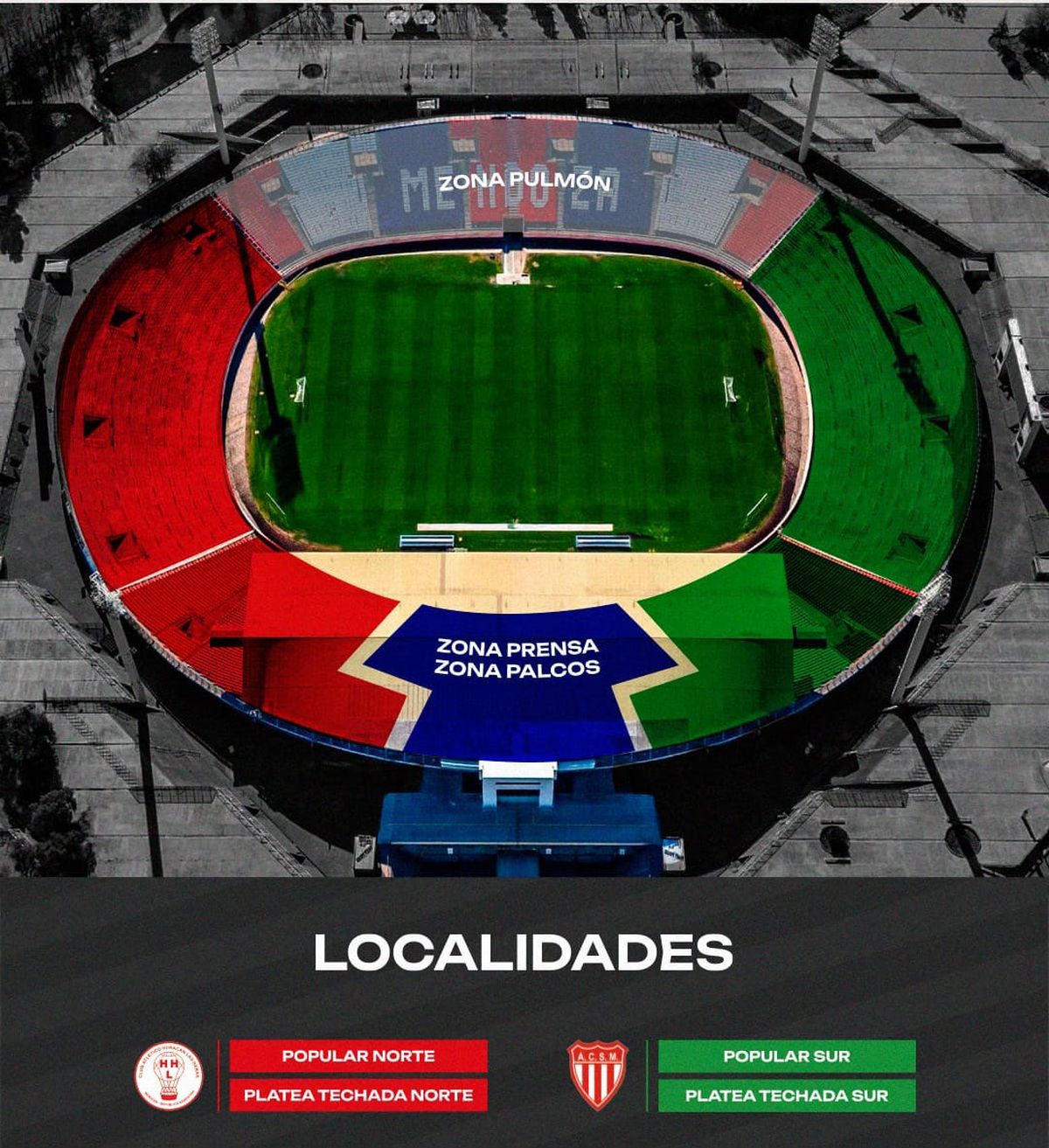 Ubicaciones para los hinchas de Huracán Las Heras y San Martín en el estadio Malvinas Argentinas.