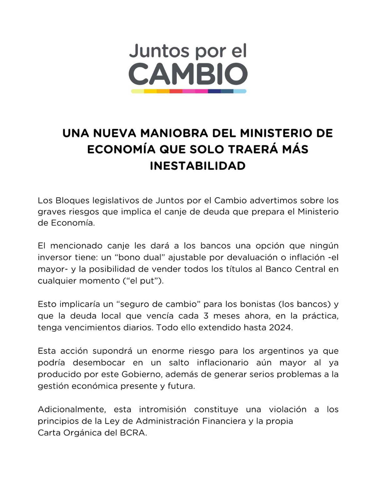 El comunicado de Juntos por el Cambio sobre el canje de deuda anunciado por Sergio Massa.