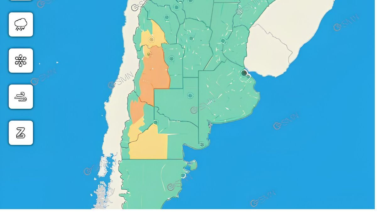 Según el mapa de alertas meteorológicas del SMN, el único sector en el que no rigen contingencias climáticas importantes es en el de Cordillera de Los Andes. Según el mapa de alertas meteorológicas del SMN, el único sector en el que no rigen contingencias climáticas importantes es en el de Cordillera de Los Andes.