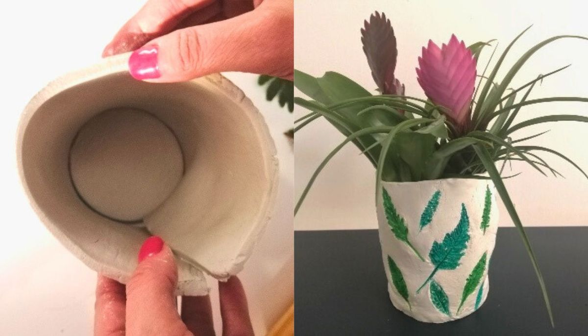 En la primer imagen se observa cómo unir las dos piezas de arcilla: la base y las paredes de la maceta. En la segunda imagen se aprecia el resultado final. Imagen: Verdecora. En la primer imagen se observa cómo unir las dos piezas de arcilla: la base y las paredes de la maceta. En la segunda imagen se aprecia el resultado final. Imagen: Verdecora.