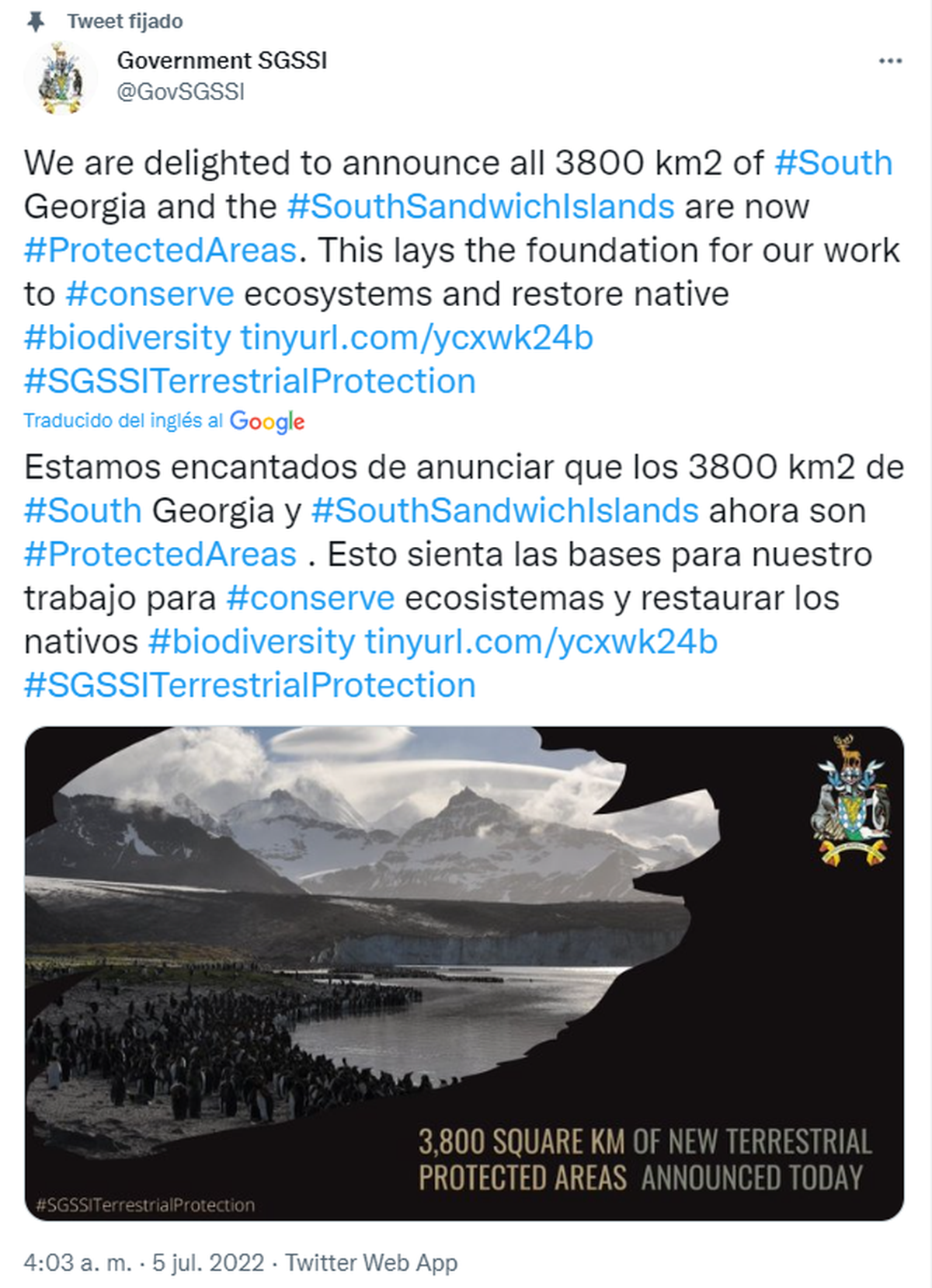 La Gobernación de las denominadas Antillas del Sur, que responde también a las autoridades británicas de Malvinas, estableció la protección total de más de 3.800 kilómetros cuadrados.