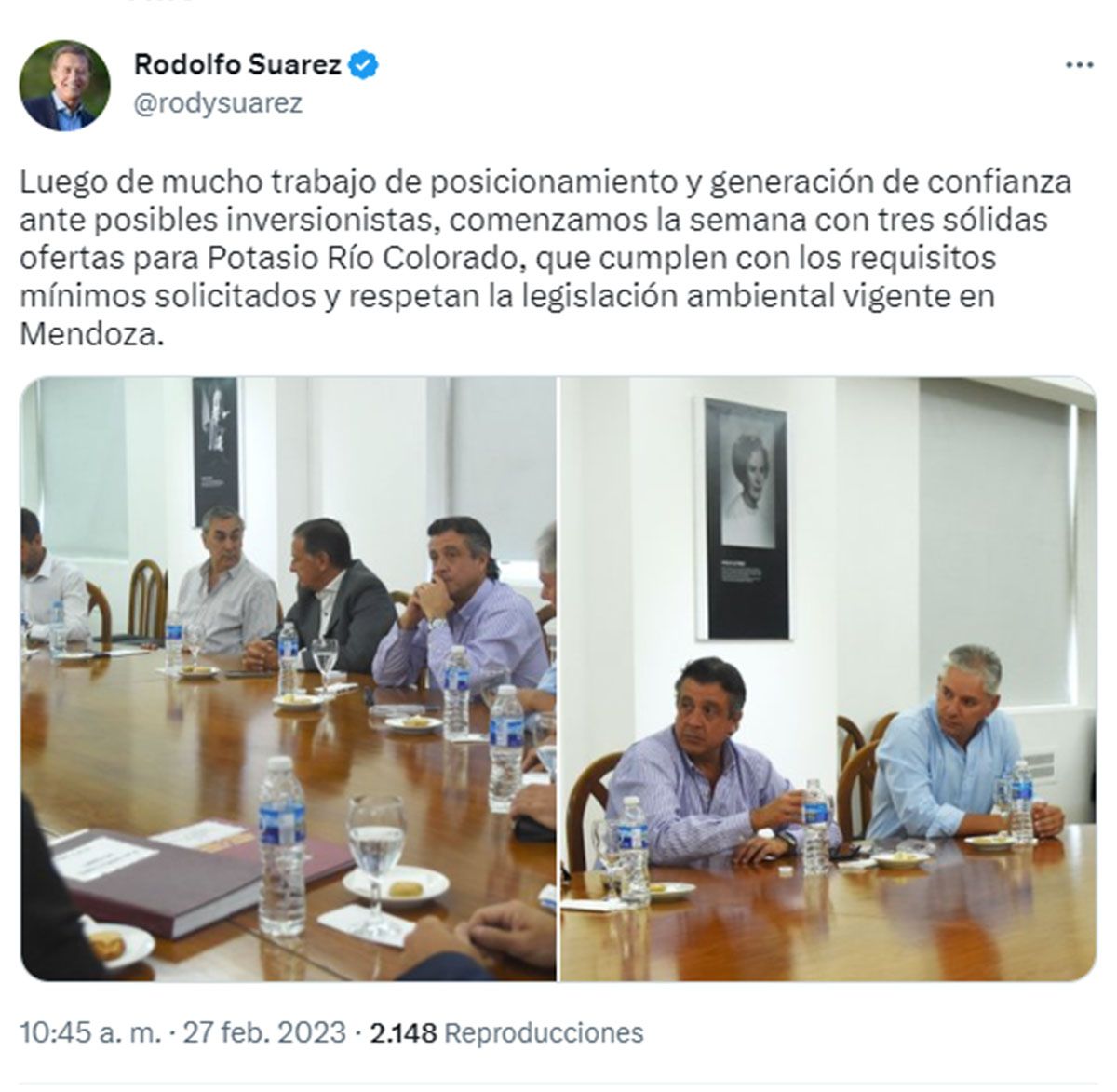 Rodolfo Suarez anunció por Twitter la confirmación de tres ofertas vinculantes y garantizadas para Potasio Río Colorado S.A. (PRC).