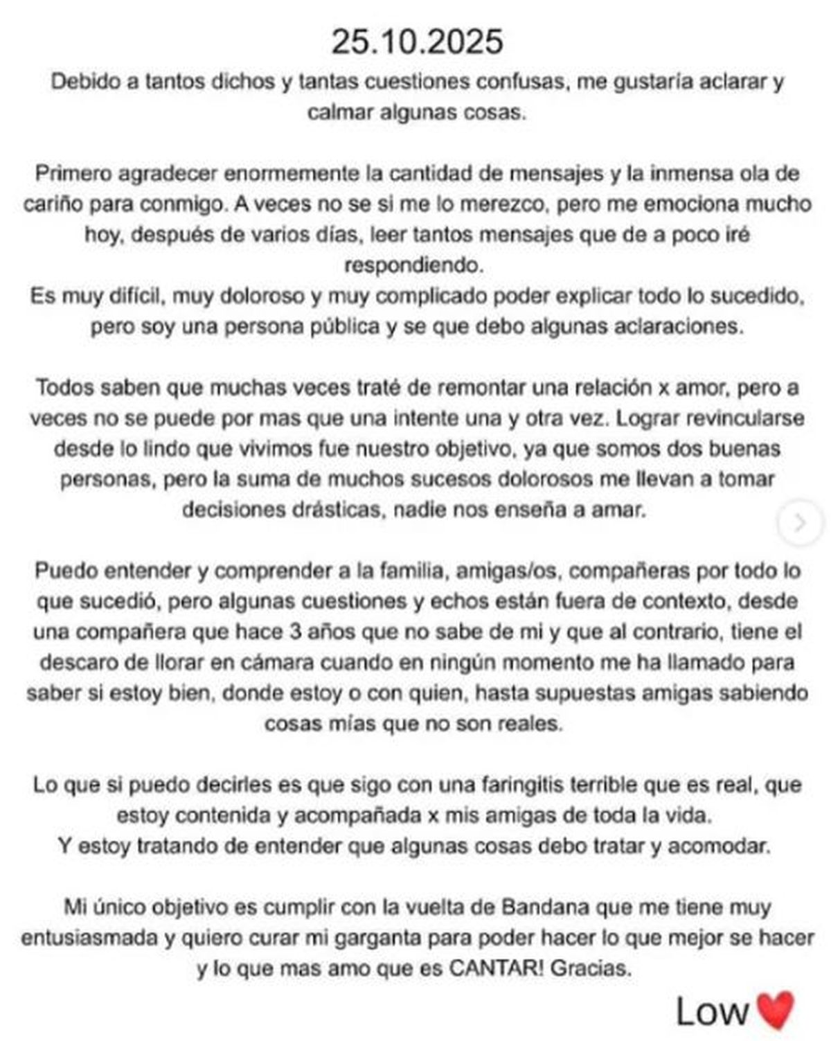 El mensaje de Lowrdes de Bandana tras la polémica y el escándalo. Instagram. 
