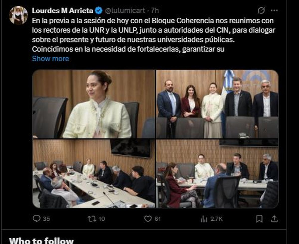 Lourdes Arrieta se expresó en sus redes sociales horas antes de la votación, destacando que con su bloque recibieron a representantes de las universidades públicas. 