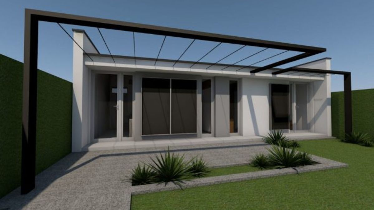 Este es el proyecto arquitectónico de las viviendas sociales, con características especiales, como la orientación respecto al sol y uso de pérgolas con forestación caduca para ahorro de energía en climatización e iluminación.