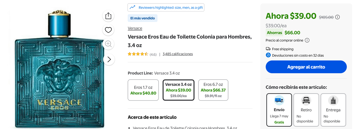 Perfume Eros de oferta en Walmart. Perfume Eros de oferta en Walmart.