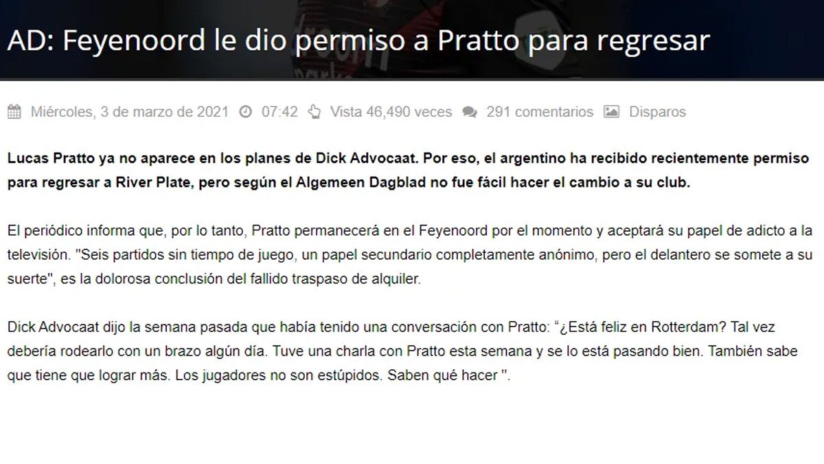 Pratto tendría el permiso del Feyenoord para volver a River