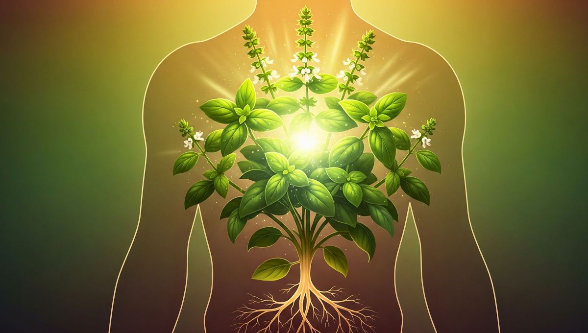 Imagen creada con IA sobre como la albahaca tiene beneficios en nuestro cuerpo